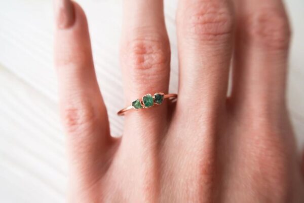 Rose Gold Raw Emerald Triple Ring