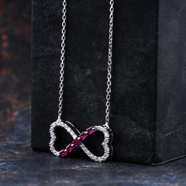 Infinity Shape Pendant With Red Ruby and round Moissanite necklace - Image 4