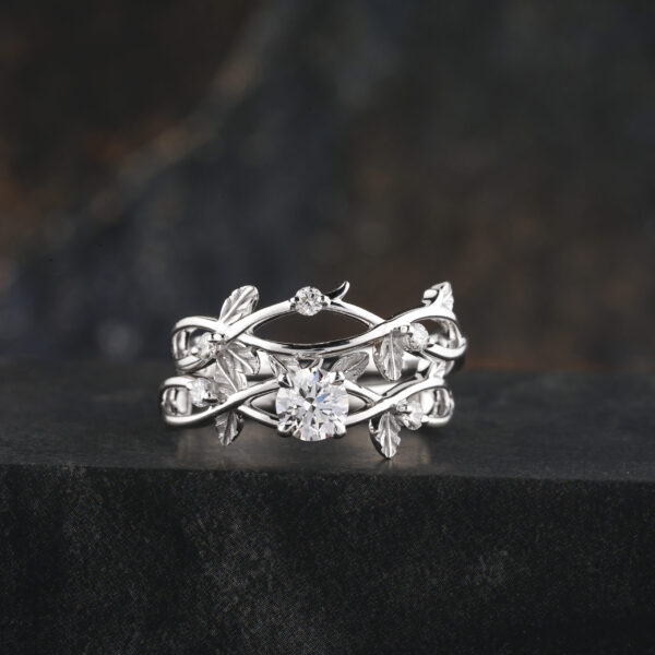 6.5 mm Round Moissanite Engagement Ring Set in 14k White Gold with Twig Design
