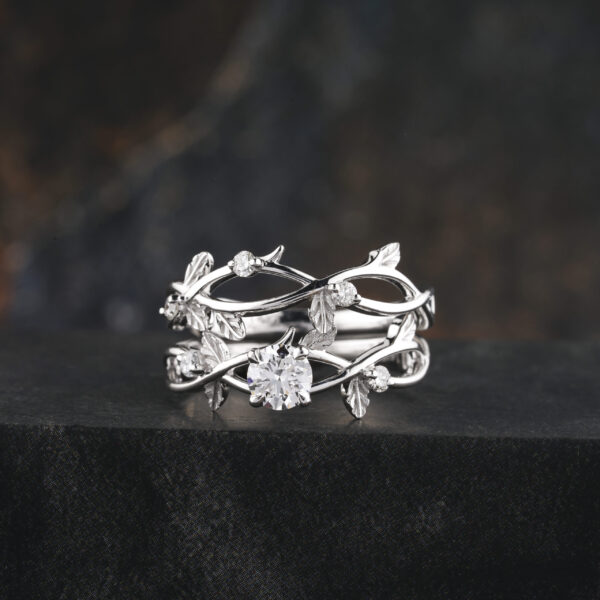 6.5 mm Round Moissanite Engagement Ring Set in 14k White Gold with Twig Design - Image 3