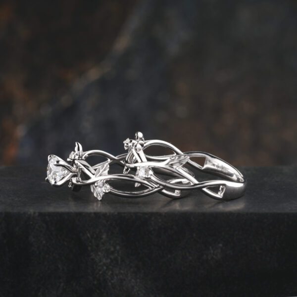 6.5 mm Round Moissanite Engagement Ring Set in 14k White Gold with Twig Design - Image 6