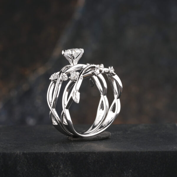 6.5 mm Round Moissanite Engagement Ring Set in 14k White Gold with Twig Design - Image 7