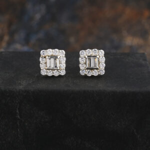 Round and Baguette Solid Gold Earring For Her