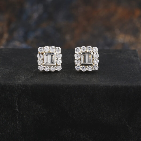 Round and Baguette Solid Gold Earring For Her