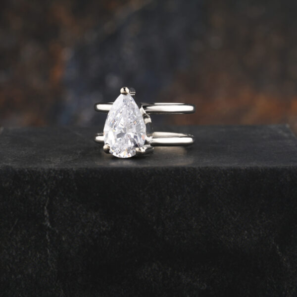 Double band Pear Moissanite Bezel Set Engagement Ring - Image 3