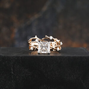 1 Ct Princess Moissanite Twig Solid Gold Engagement Ring Set