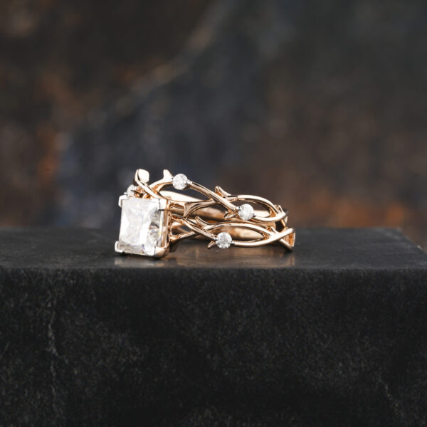 1 Ct Princess Moissanite Twig Solid Gold Engagement Ring Set - Image 3
