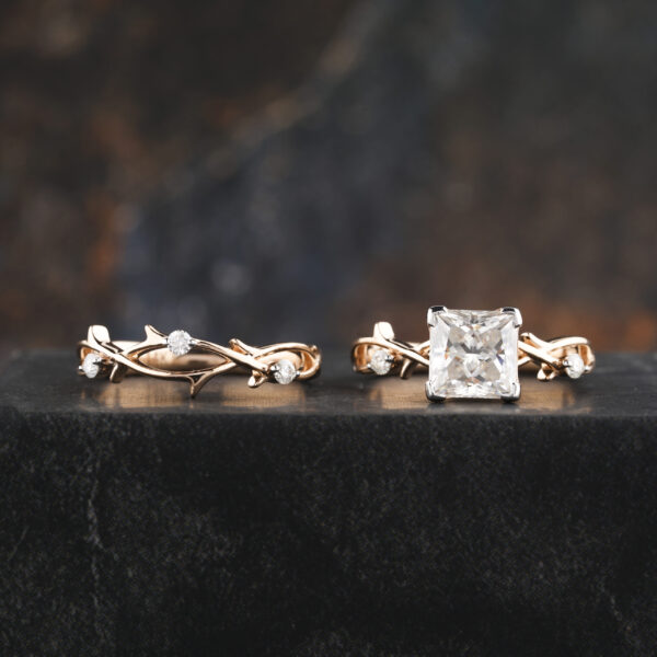 1 Ct Princess Moissanite Twig Solid Gold Engagement Ring Set - Image 4