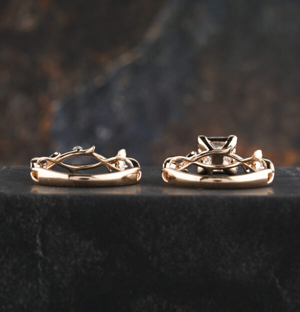 1 Ct Princess Moissanite Twig Solid Gold Engagement Ring Set - Image 5