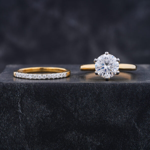 6.5MM Round Moissanite Six Prong Engagement Ring Set in Yellow Gold - Image 2