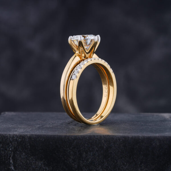 6.5MM Round Moissanite Six Prong Engagement Ring Set in Yellow Gold - Image 5