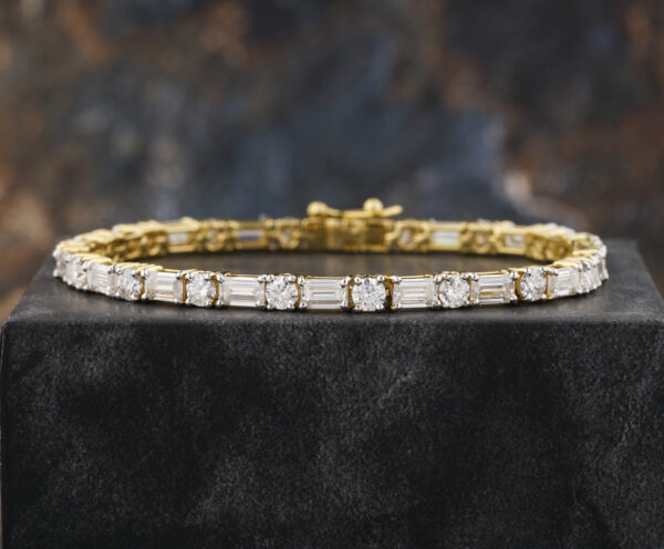 Round Emerald cut bracelet with White Moissanite Wedding Bracelet In 14K Yellow Gold
