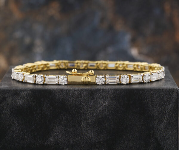 Round Emerald cut bracelet with White Moissanite Wedding Bracelet In 14K Yellow Gold - Image 3
