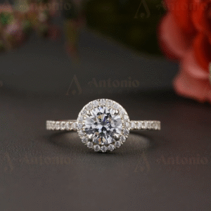 Half Eternity Halo Round Cut 6.5 mm Moissanite Diamond Ring