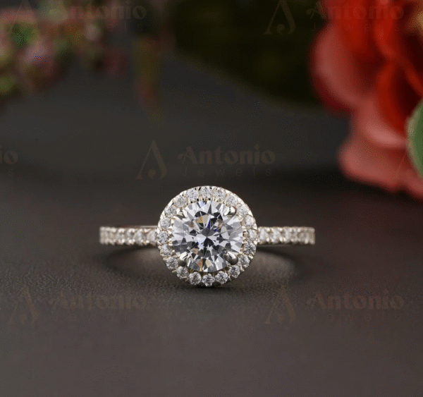 Half Eternity Halo Round Cut 6.5 mm Moissanite Diamond Ring