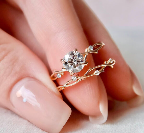 925 Sterling Silver Twig Moissanite Engagement Ring Set